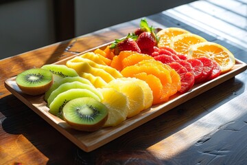 Assorted Fresh Sliced Fruits on Wooden Platter