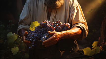 Vintner hands carefully holding a bunch of ripe grapes, symbolic of traditional winemaking. - obrazy, fototapety, plakaty