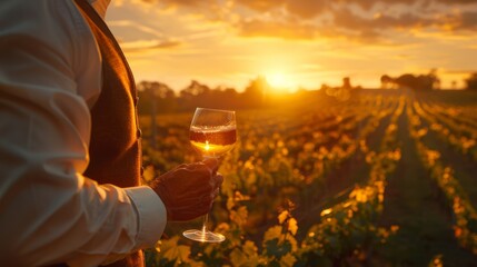 Person holding a glass of wine in a vineyard at sunset, capturing the essence of wine tasting. - obrazy, fototapety, plakaty