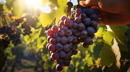 Hand picking ripe grapes in a vineyard, highlighting the human touch in traditional winemaking.