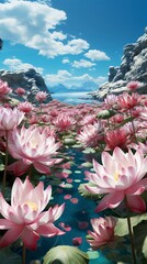 A serene pond with lotus blossoms 