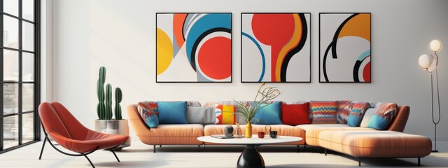 Modern living room with abstract geometric art pieces creating a stylish and artistic ambiance.