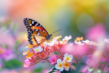 Fototapeta premium Vibrant Butterfly Perched on Colorful Flowers