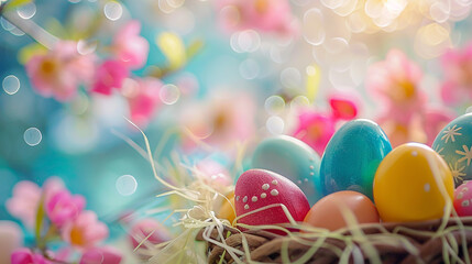 Colorful easter eggs in nest on bokeh background.