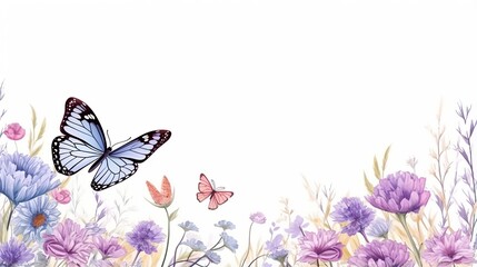 plants and flying butterflies. watercolor painting. white background