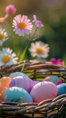 Obraz na płótnie Canvas Colorful easter eggs in basket on green grass with daisies 