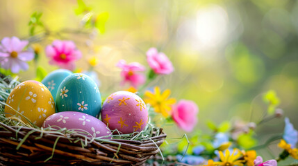 Fototapeta na wymiar Colorful easter eggs in a basket with spring flowers on bokeh background
