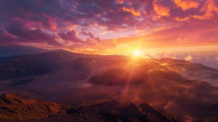 A panoramic view of sunrise at Bromo, showcasing the vast, open landscape with the sun peeking over the horizon, casting vibrant hues of orange, pink, and purple across the sky. 8k