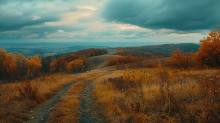 A panoramic view of a rolling hillside covered in autumn foliage, with a winding path leading into the distance under a cloudy sky. 8k