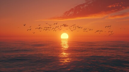 A panoramic view of the horizon where the sun meets the sea, with a formation of migrating birds crossing the sunset sky. 8k
