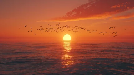 Papier Peint photo Rouge 2 A panoramic view of the horizon where the sun meets the sea, with a formation of migrating birds crossing the sunset sky. 8k