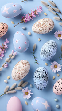 Happy Easter. Vertical banner, instagram story or tiktok background. Pastel colored eggs on light  blue background, natural colors