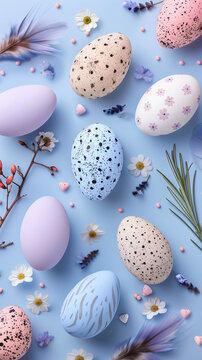 Happy Easter. Vertical banner, instagram story or tiktok background. Pastel colored eggs on light  blue background, natural colors