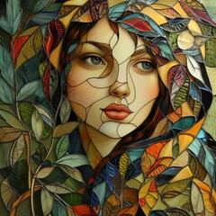 Artistic representation of a woman surrounded by colorful leaves