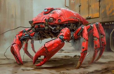 Futuristic red robotic spider in a dystopian setting
