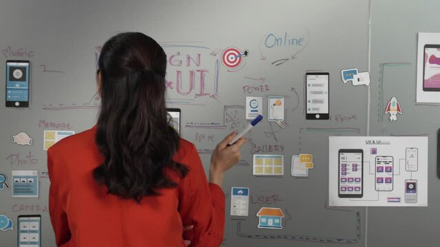 Beautiful asian businesswoman writing Ux and Ui design on board. Project manager looking at board while thinking about project. Woman working by using mind map sharing idea. Back view. Manipulator.