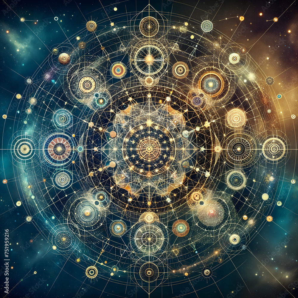 Poster a complex and ornate image of a star map, infused with elements of sacred geometry.