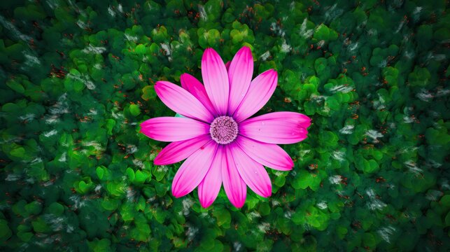 A bright picture with a pink flower blooming in the green grass, remote control aerial photography, mosaic style