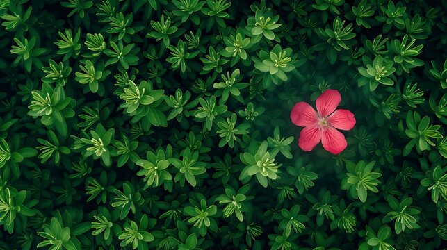 A bright picture with a pink flower blooming in the green grass, remote control aerial photography, mosaic style