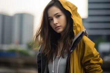 Portrait of a beautiful young brunette woman in a yellow raincoat