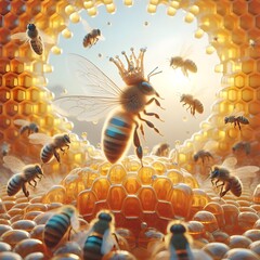 Queen bee in her honeycomb palace with her servant bees  around her - obrazy, fototapety, plakaty