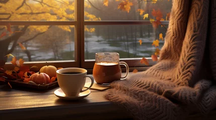 Rolgordijnen Autumn cozy with book and tea on the window side at table © rai stone