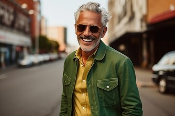 Portrait of a handsome middle-aged man wearing sunglasses in the city - obrazy, fototapety, plakaty