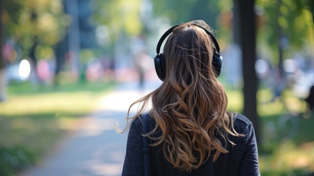 woman walking in a park listening to music generative ai