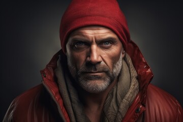 Portrait of a brutal bearded man in a red hat and jacket.
