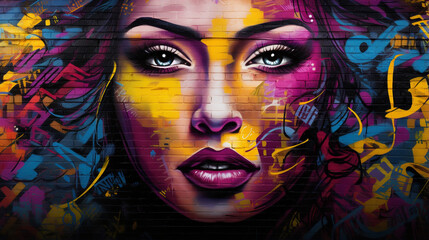 Black and yellow purple and pink color scheme graffiti on a wall of woman