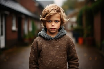 Portrait of a young boy in a warm sweater and scarf on the street