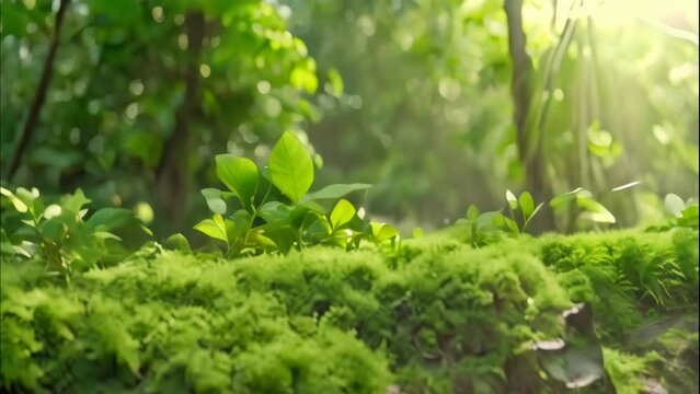 lush green mossy forest with old tree background