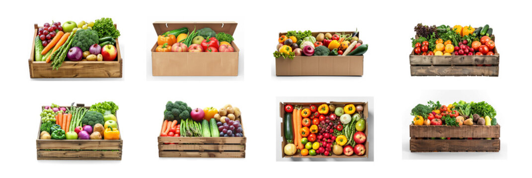 Set of Fresh vegetables in wooden box on transparency background PNG
