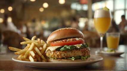 Burger with fries and beer, close up 