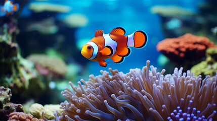 Naklejka na ściany i meble Clownfish under the water with anemon with high quality
