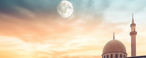 Silhouette of mosque moon at night background