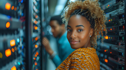 A beautiful and cheerful young woman IT professional troubleshoots a server issue with her colleague in the high tech environment of a data center.