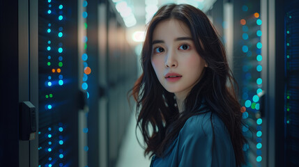 A beautiful and cheerful young woman IT professional troubleshoots a server issue with her colleague in the high tech environment of a data center.