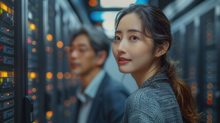 A beautiful and cheerful young woman IT professional troubleshoots a server issue with her colleague in the high tech environment of a data center.