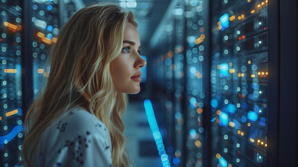 A beautiful and cheerful young woman IT professional troubleshoots a server issue with her colleague in the high tech environment of a data center.