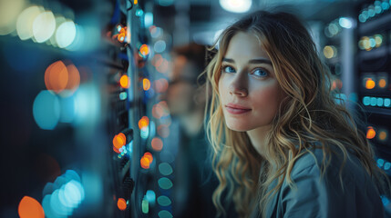 A beautiful and cheerful young woman IT professional troubleshoots a server issue with her colleague in the high tech environment of a data center.