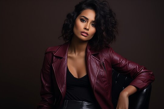 Beautiful brunette woman in a leather jacket. Fashion shot.