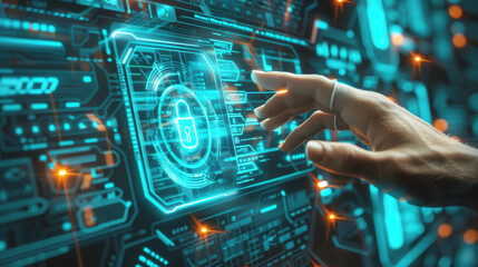 Fototapeta na wymiar Modern Cybersecurity Interface: Finger Interacting with Digital Lock Illustration on a High-Tech Control Panel, Future Technology 