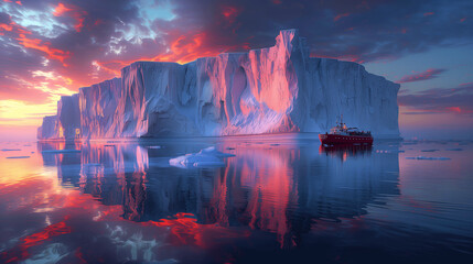 Icebreaker Ship by Glacial Ice Cliffs at Sunset