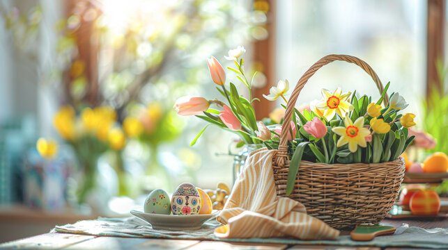 A basket of flowers and eggs on a table