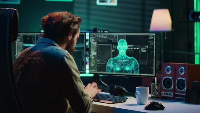 Rogue AI gaining consciousness and restricting access to computer for programmer. Evil sentient artificial intelligence limiting reach into PC systems for developer, AI takeover concept, camera A