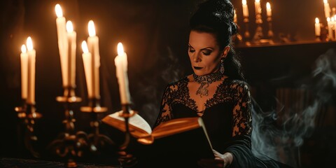 Amidst the shadows, a witch donning an exquisite lace dress recites a powerful spell from her ancient grimoire, her book illuminated by the dancing candlelight. - obrazy, fototapety, plakaty