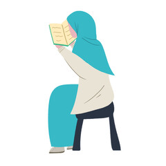 Illustration graphic of full body of Muslim women sit on the chair with a book on her hands reading a book. 