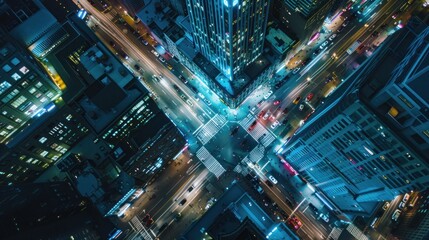 Aerial view of city streets at night - obrazy, fototapety, plakaty