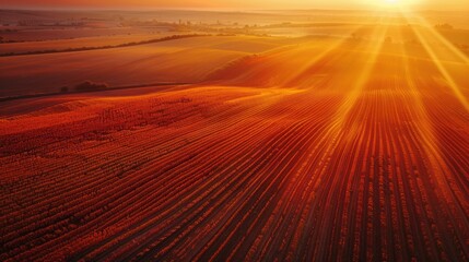 Aerial view of landscape of orange fields with soft sunlight.